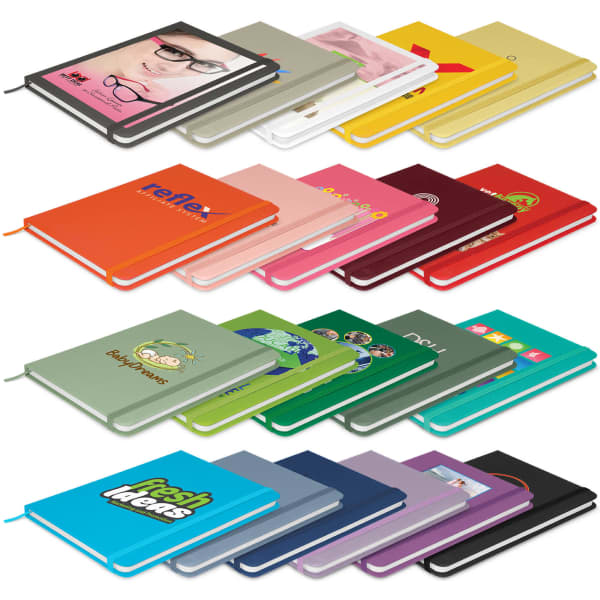 A collection of colourful notebooks, featuring various designs and logos, arranged in rows.