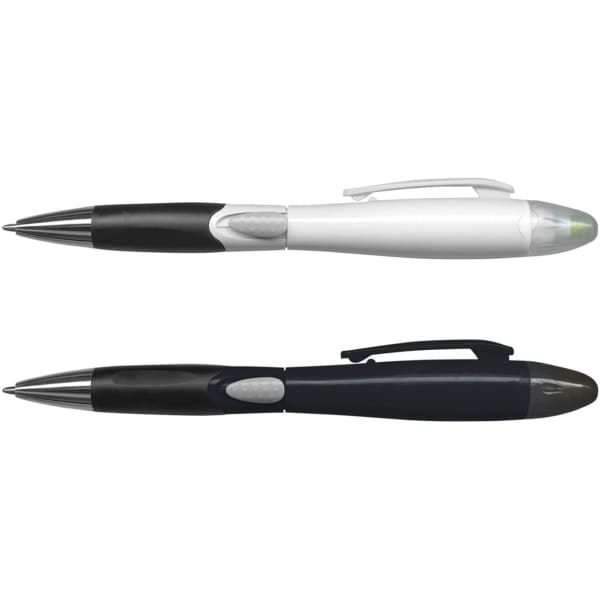 A plastic pen set featuring a white pen and a black pen, both with a sleek design and silver accents.