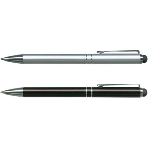 A metal stylus pen set featuring a silver pen and a black pen, each with a sleek design and clip.