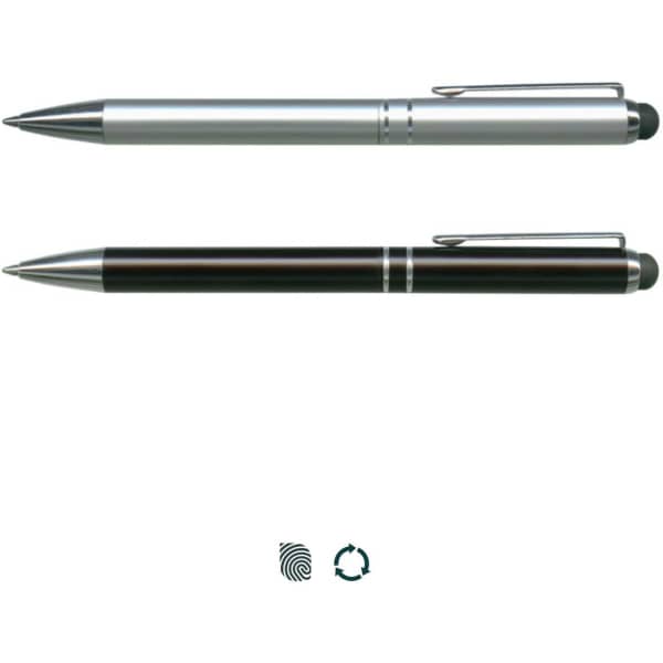 A silver and black stylus pen set with clip and smooth writing tips, featuring a logo on the body.