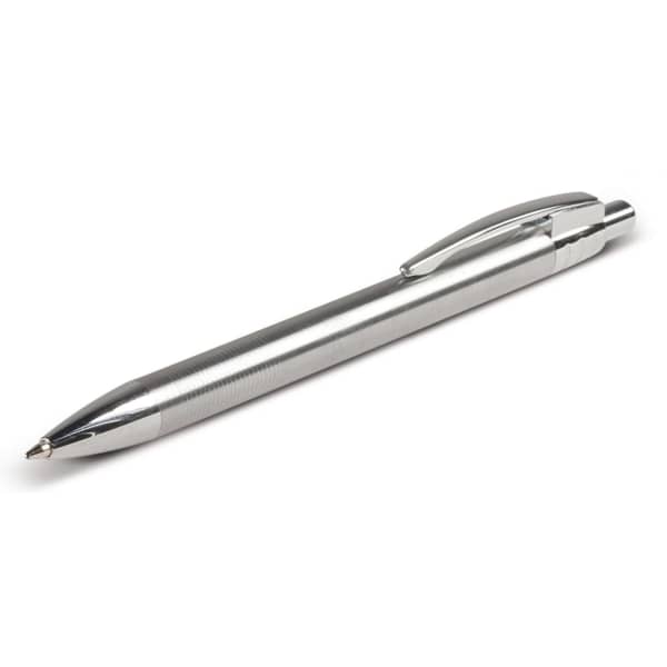 A metal pen with a sleek silver finish and a textured grip. Features a clip and a logo on the body.