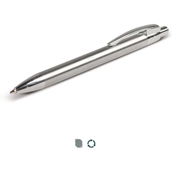 A recycled stainless steel pen with a sleek, silver finish and a clip, featuring a logo on the surface.