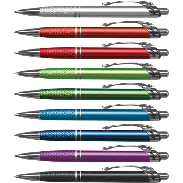 A collection of metal pens in various colours including white, red, green, blue, and purple, featuring silver accents.