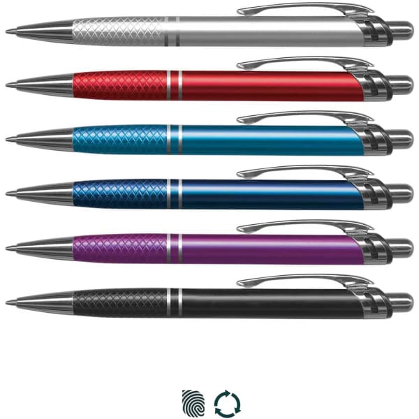 A collection of six metal pens in silver, red, blue, purple, and black, featuring various textured finishes and a logo.