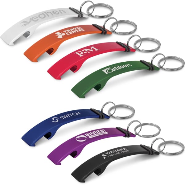 A drink bottle opener key ring set in various colours, featuring a metal ring and multiple branding logos.