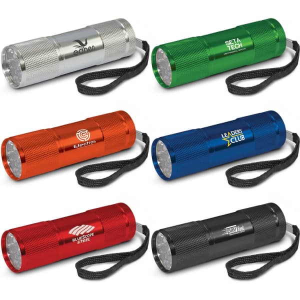 A collection of six torches in silver, green, orange, blue, red, and black, each with a keyring attachment.