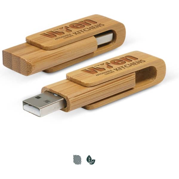 A bamboo flash drive with a sleek design, featuring a USB connector and a logo.