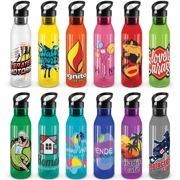 A drink bottle collection featuring various translucent colours including yellow, orange, pink, green, and blue. Each bottle has a logo.