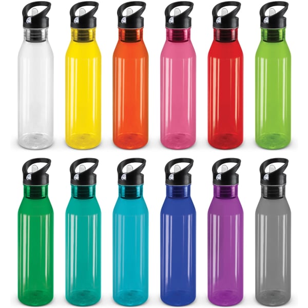 A drink bottle collection featuring translucent designs in clear, yellow, orange, pink, red, green, blue, purple, and grey, with black caps.