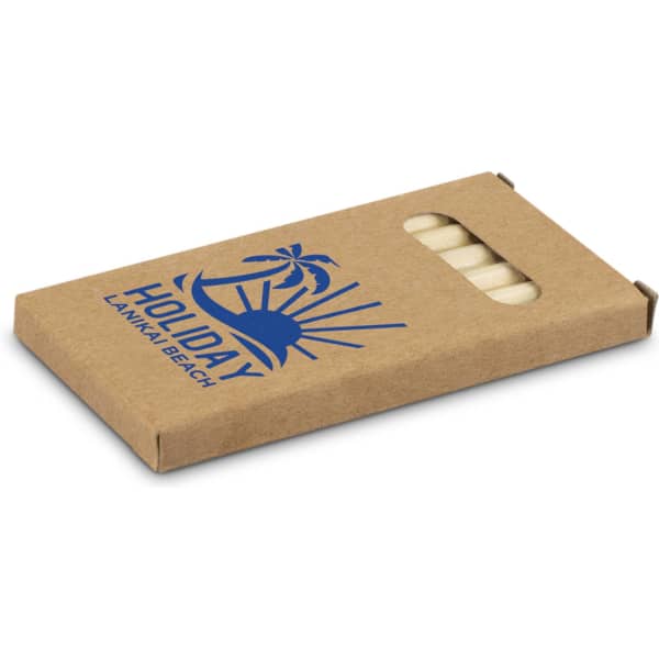 A coloured pencil pack in a cardboard box with a logo, featuring several pencils inside.