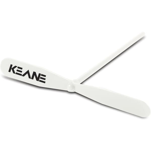 A white Twirly Copter with a branded logo on its blades, featuring a simple propeller design.