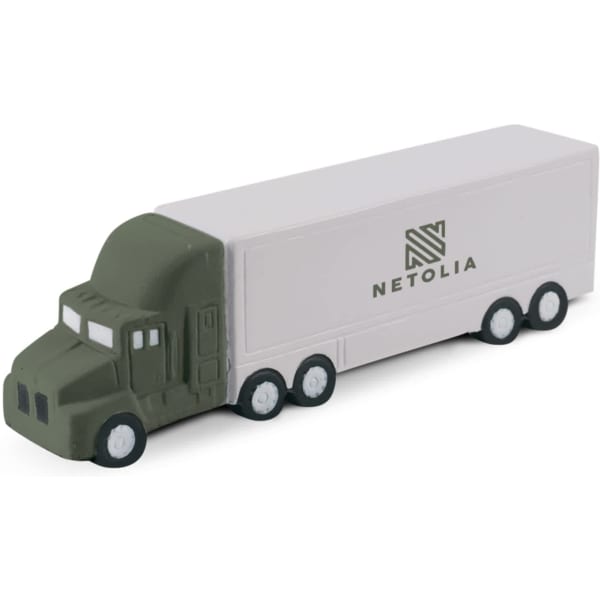 A stress toy shaped like a green and white truck, featuring a logo on the side.