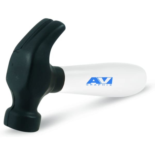 A stress hammer in black and white, featuring a logo on the handle, designed for fun and relaxation.
