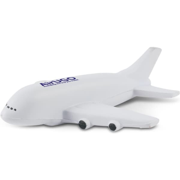 A stress toy shaped like a white airplane, featuring a logo on its side.