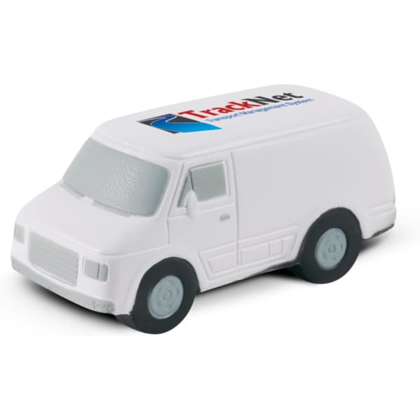 A white stress van toy with black wheels and a logo on the side, designed for stress relief and fun.