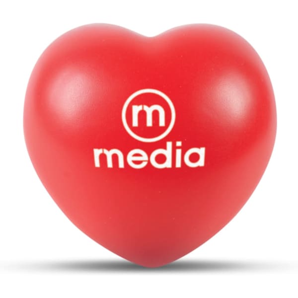 A red stress heart with a logo on one side, designed for fun and relaxation purposes.