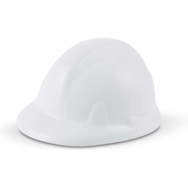 A white stress-relief hard hat with a smooth surface and rounded shape, designed for fun and relaxation.