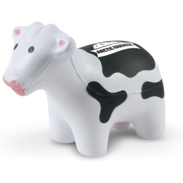 A small, white and black stress cow with a smiling face and a branding logo on its side.