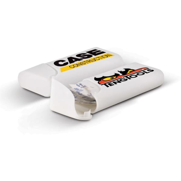 A white bandage box with a logo, featuring a sliding lid and space for storing bandages.