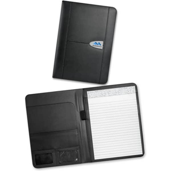 A large black leather portfolio featuring a logo, with an interior notepad and storage pockets.