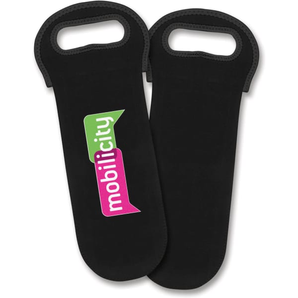 A neoprene wine cooler bag in black with a handle, featuring a logo on one side.