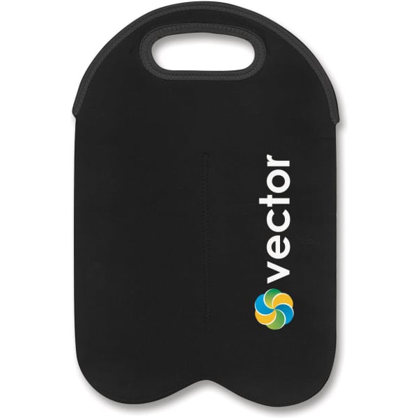 A black neoprene double wine cooler bag with a handle and a logo.