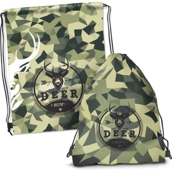 A drawstring backpack featuring a full colour camo design with a logo, in shades of green and beige.