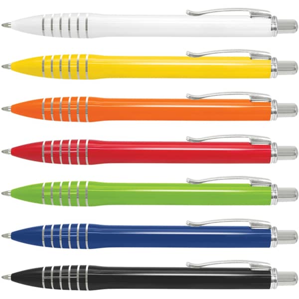 A collection of metal pens in white, yellow, orange, red, green, blue, and black with silver accents and a logo.