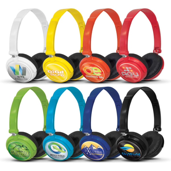 A variety of over-ear headphones in white, yellow, red, orange, green, blue, and black, each featuring a logo.