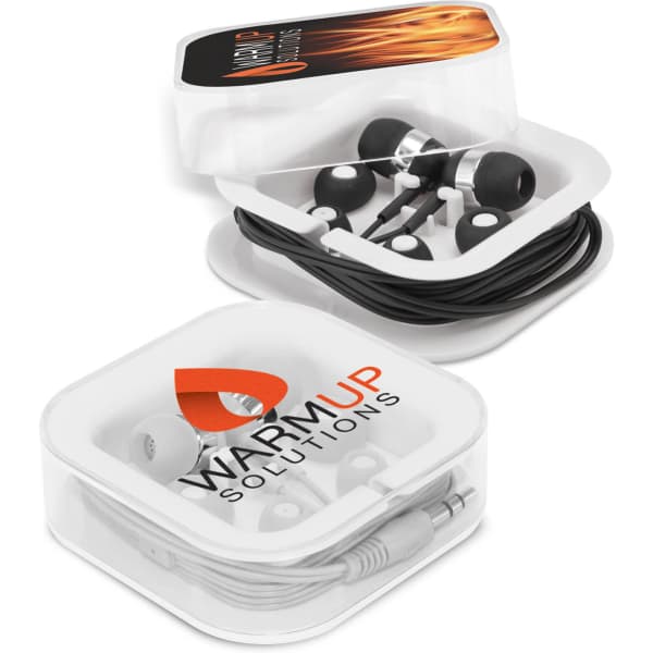 A set of black earbuds with a white case, featuring a logo on the front and neatly coiled cable inside.