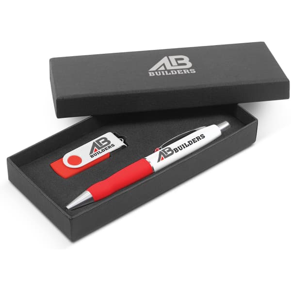 A red and white pen and a USB flash drive in a black gift box with branding.