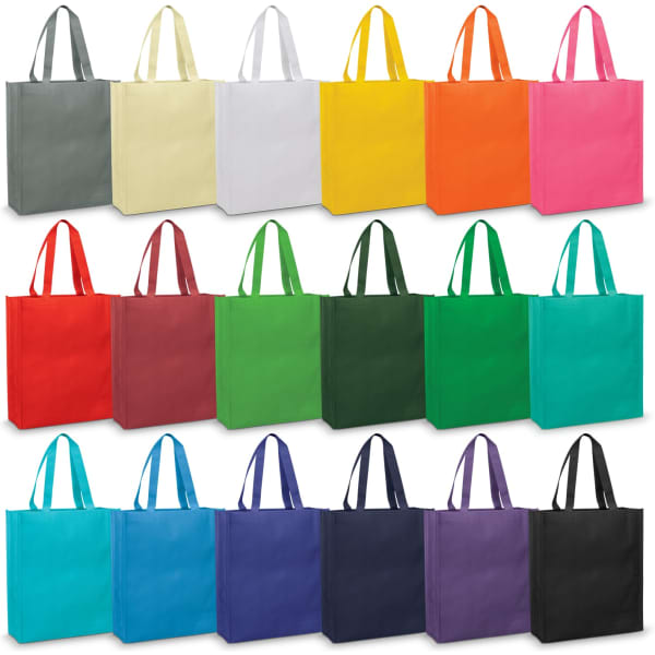 A variety of tote bags in multiple colours, including grey, yellow, white, orange, red, green, and purple, displayed in rows. Each bag has handles and a logo.