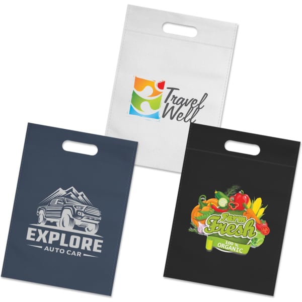 Three tote bags in white, navy blue, and black, each featuring different designs and a logo on each bag.
