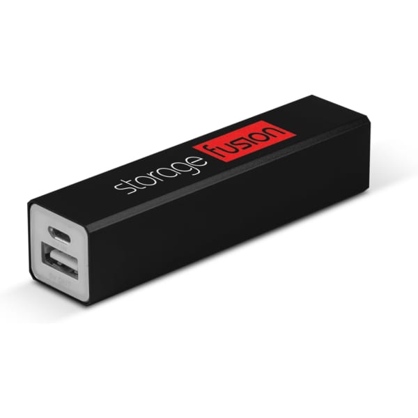 A black power bank with two USB ports and a logo on one side, featuring a sleek rectangular design.