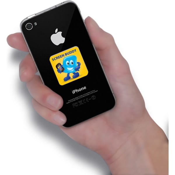 A hand holds a black smartphone featuring a colourful promotional cleaning cloth design with a logo.