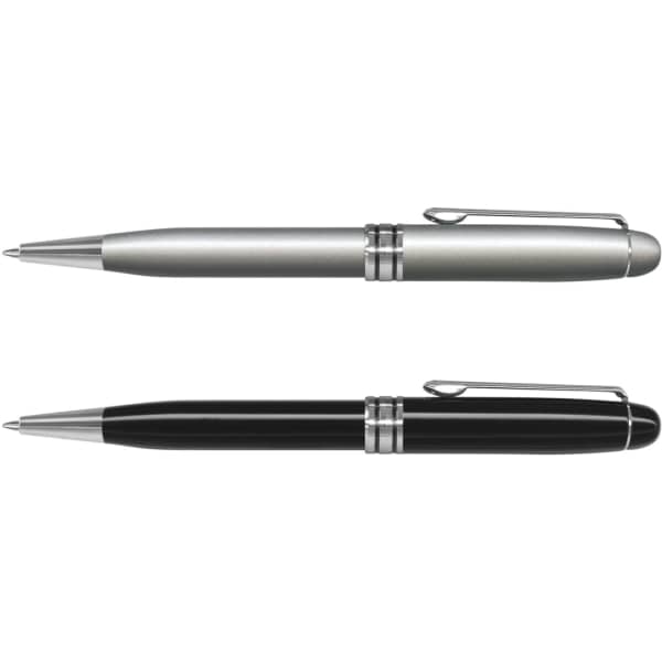 A set of two metal pens, one in silver and the other in black, each featuring a clip and polished accents.
