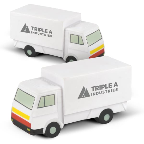 A pair of foam small trucks in white with a logo, featuring colourful stripes on the front.