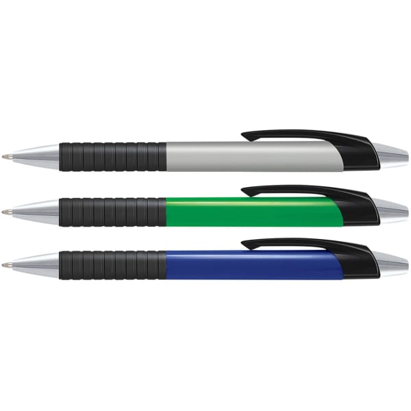 A group of three plastic pens with coloured barrels in silver, green, and blue, featuring black grips and accents.