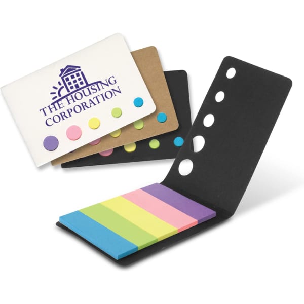 A set of sticky note flags in pastel colours, presented in a folder with a logo and circular holes on the side.