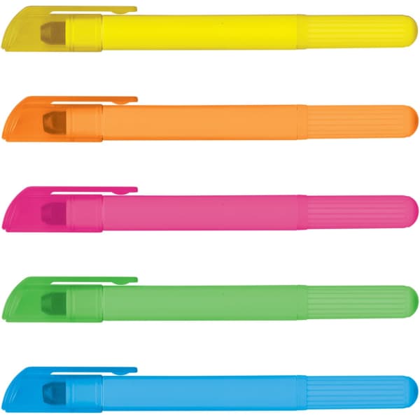 Five wax highlighters in vibrant colours: yellow, orange, pink, green, and blue, each with a matching cap.