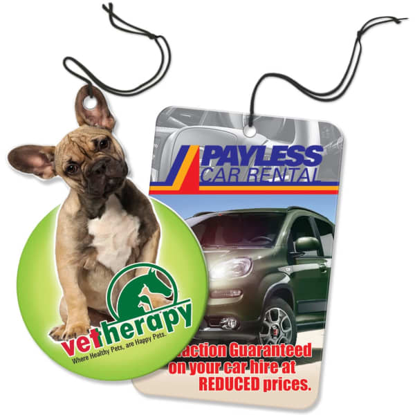 A round green car air freshener featuring a French Bulldog and a rectangular tag with a car rental logo.