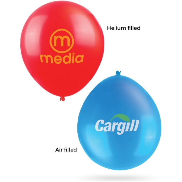 Red and blue balloons, one helium-filled and one air-filled, both featuring branding logos.