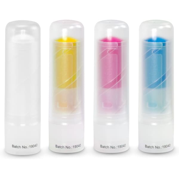 Four zinc sticks in white, yellow, pink, and blue packaging, each with a transparent cap and a logo.