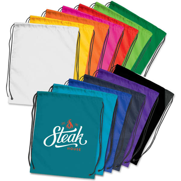 A collection of brightly coloured drawstring backpacks in various shades, including white, yellow, pink, and teal, each with a logo.