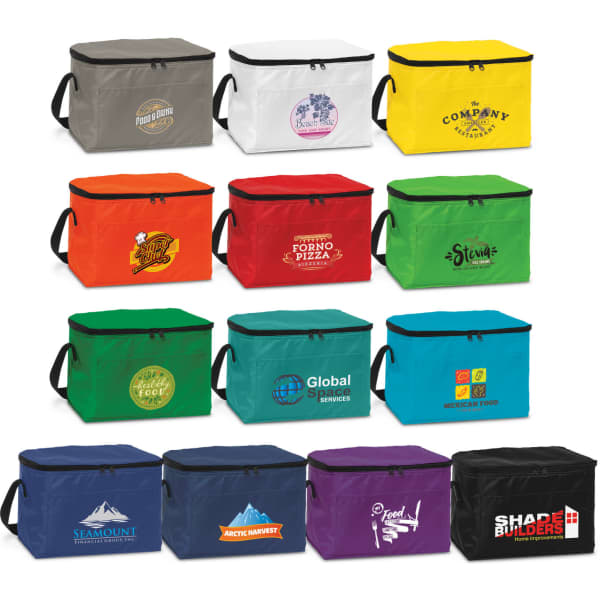 A range of colourful Alaska cooler bags in various sizes and designs, with multiple logos and branding.