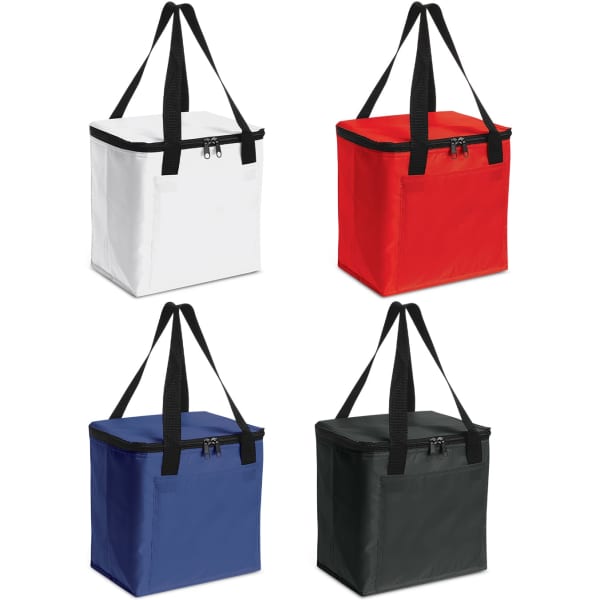 A collection of Siberia Cooler Bags in white, red, blue, and black, featuring handles and zip closures.