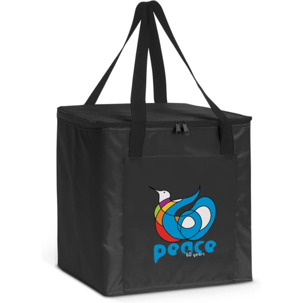 A square black cooler bag with two black handles, featuring a colourful logo on the front.