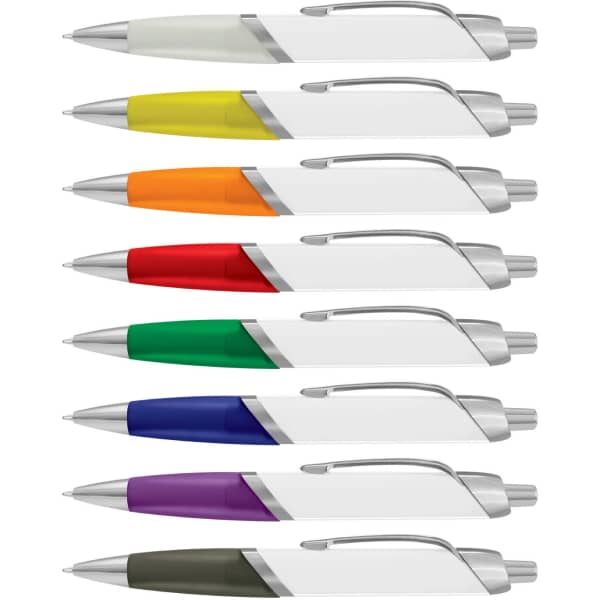 A collection of eight plastic pens in various bright colours, each featuring a metallic clip and a branded design.