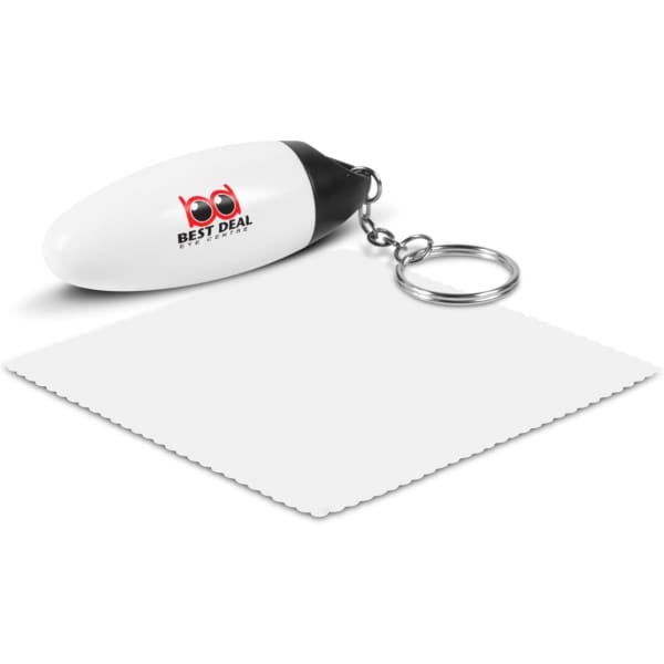 A white microfibre cloth key ring with a black top and a logo, alongside a white microfibre cloth.