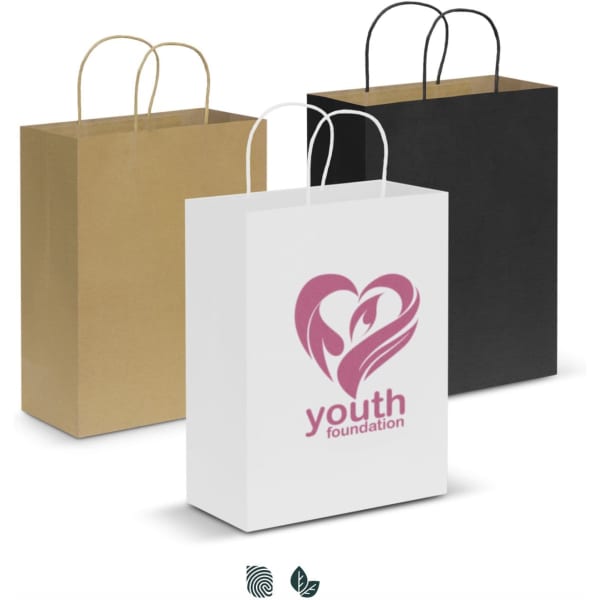 Three large paper carry bags in white, brown, and black, featuring a logo on the white bag.